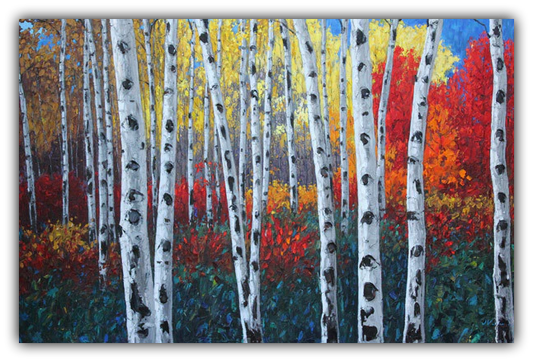Autumn Concerto limited edition giclée on canvas by Jennifer Vranes featuring a colorful autumn forest of tall white aspens surrounded by red, gold, and orange foliage.
