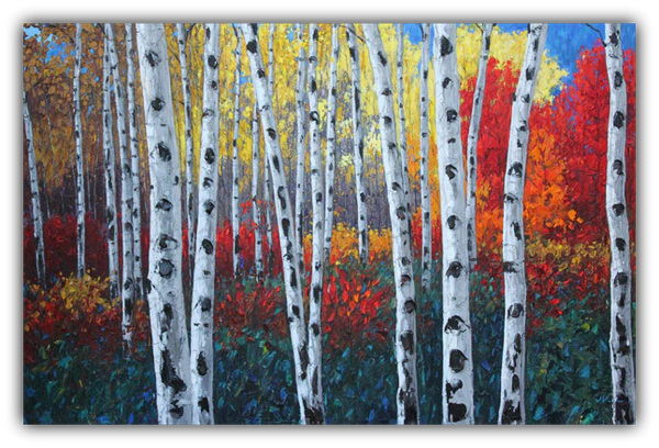 Autumn Concerto limited edition giclée on canvas by Jennifer Vranes featuring a colorful autumn forest of tall white aspens surrounded by red, gold, and orange foliage.