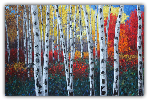 Autumn Concerto limited edition giclée on canvas by Jennifer Vranes featuring a colorful autumn forest of tall white aspens surrounded by red, gold, and orange foliage.