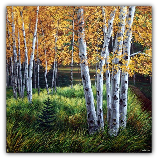Autumn Path limited edition giclée on canvas by Jennifer Vranes featuring golden aspen trees with white trunks rising above green grasses in a peaceful fall landscape.