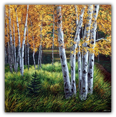 Autumn Path limited edition giclée on canvas by Jennifer Vranes featuring golden aspen trees with white trunks rising above green grasses in a peaceful fall landscape.
