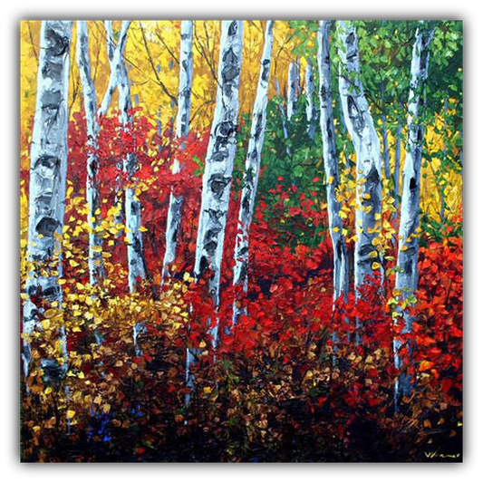 Autumn’s Paintbrush limited edition giclée on canvas by Jennifer Vranes featuring tall white aspens surrounded by vibrant red, yellow, and green fall foliage.