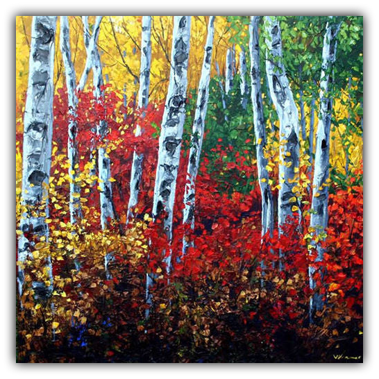 Autumn’s Paintbrush limited edition giclée on canvas by Jennifer Vranes featuring tall white aspens surrounded by vibrant red, yellow, and green fall foliage.