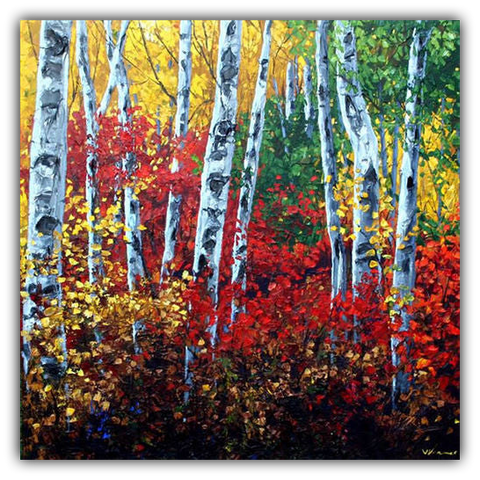 Autumn’s Paintbrush limited edition giclée on canvas by Jennifer Vranes featuring tall white aspens surrounded by vibrant red, yellow, and green fall foliage.