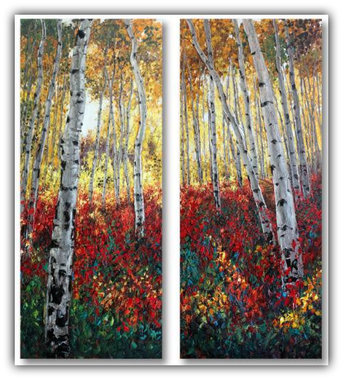 Autumn’s Promise limited edition diptych giclée on canvas by Jennifer Vranes featuring tall white aspens with vibrant red and gold autumn foliage.