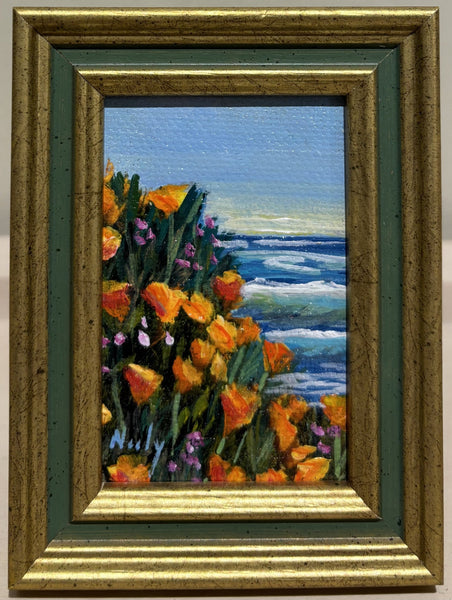 Poppies by the Sea miniature original painting of the California Coast by Karen Neely