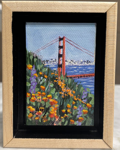 Golden Gate Bridge miniature original acrylic painting by Karen Neely (#B621), 3x2", with California poppies and wildflowers, float framed in hand-rubbed maple.