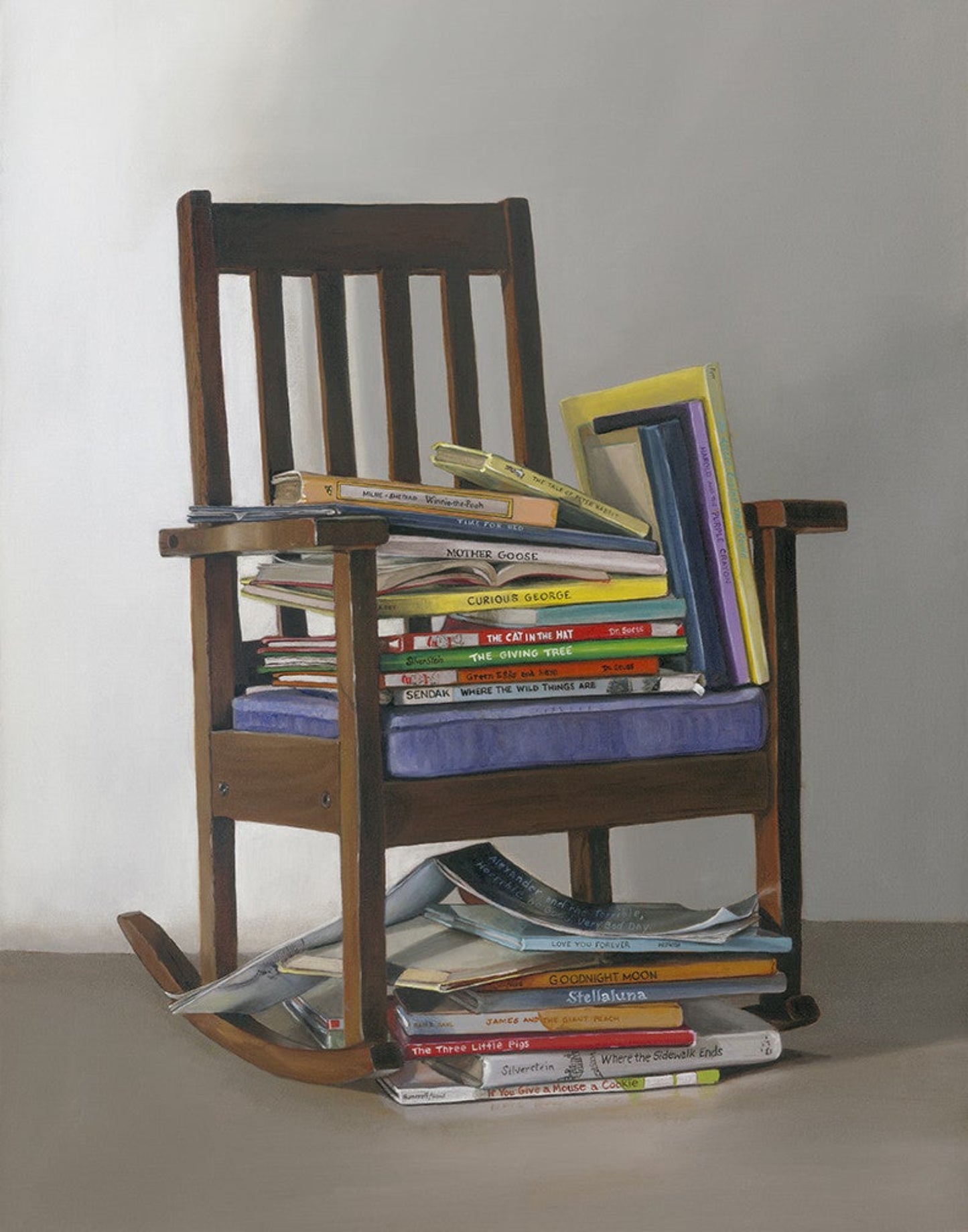 Bedtime Stories painting of children's books in contemporary realism style by Gail Chandler