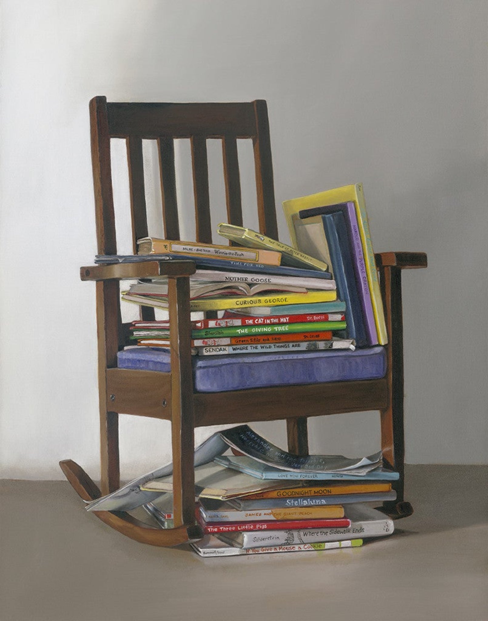 Bedtime Stories painting of children's books in contemporary realism style by Gail Chandler