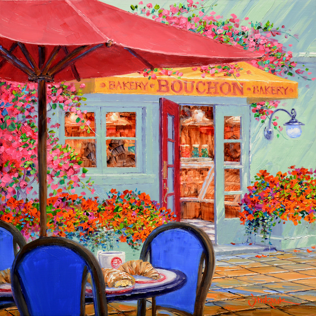 Breakfast at Bouchon Bakery by Mikki Senkarik, 10x10 original oil painting of Bouchon Bakery in Yountville with red umbrellas, blue café chairs and colorful flowers.