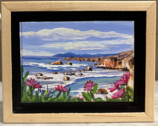 By the Sea miniature original acrylic painting by Karen Neely (#C407), 2.5x3.5", showing California cliffs, ocean waves, and wildflowers, float framed in hand-rubbed maple (framed size ~3.5x4.5").