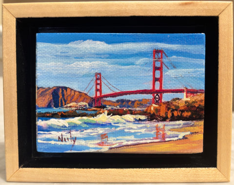 Golden Gate Bridge miniature original acrylic painting by Karen Neely (#C408), 2.5x3.5", showing the red bridge, ocean waves, and sandy shoreline, float framed in hand-rubbed maple.