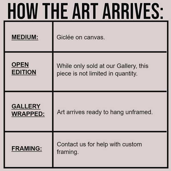 How the art arrives – giclée on canvas, open edition, gallery wrapped, ready to hang, custom framing available at Gallery 1870.