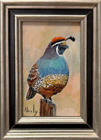 Quail miniature original acrylic painting by Karen Neely, 3x2 inches, custom Italian framed wildlife art