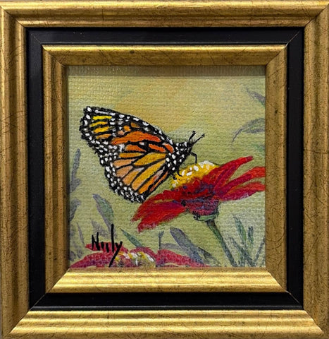 Butterfly miniature original acrylic painting by Karen Neely, 2x2 inches, custom Italian framed nature artwork