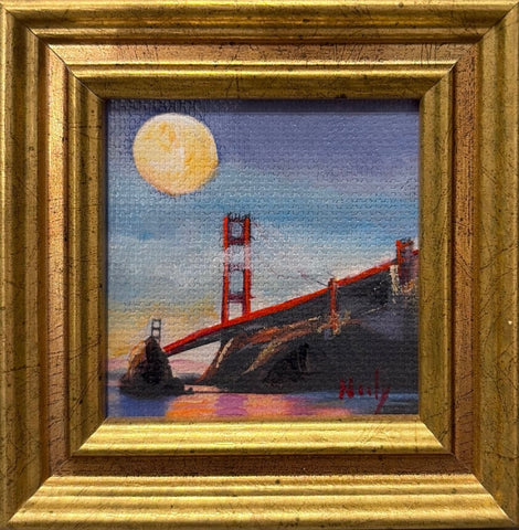 Moon Over Golden Gate Bridge miniature original acrylic painting by Karen Neely, 2x2 inches, custom Italian framed San Francisco artwork