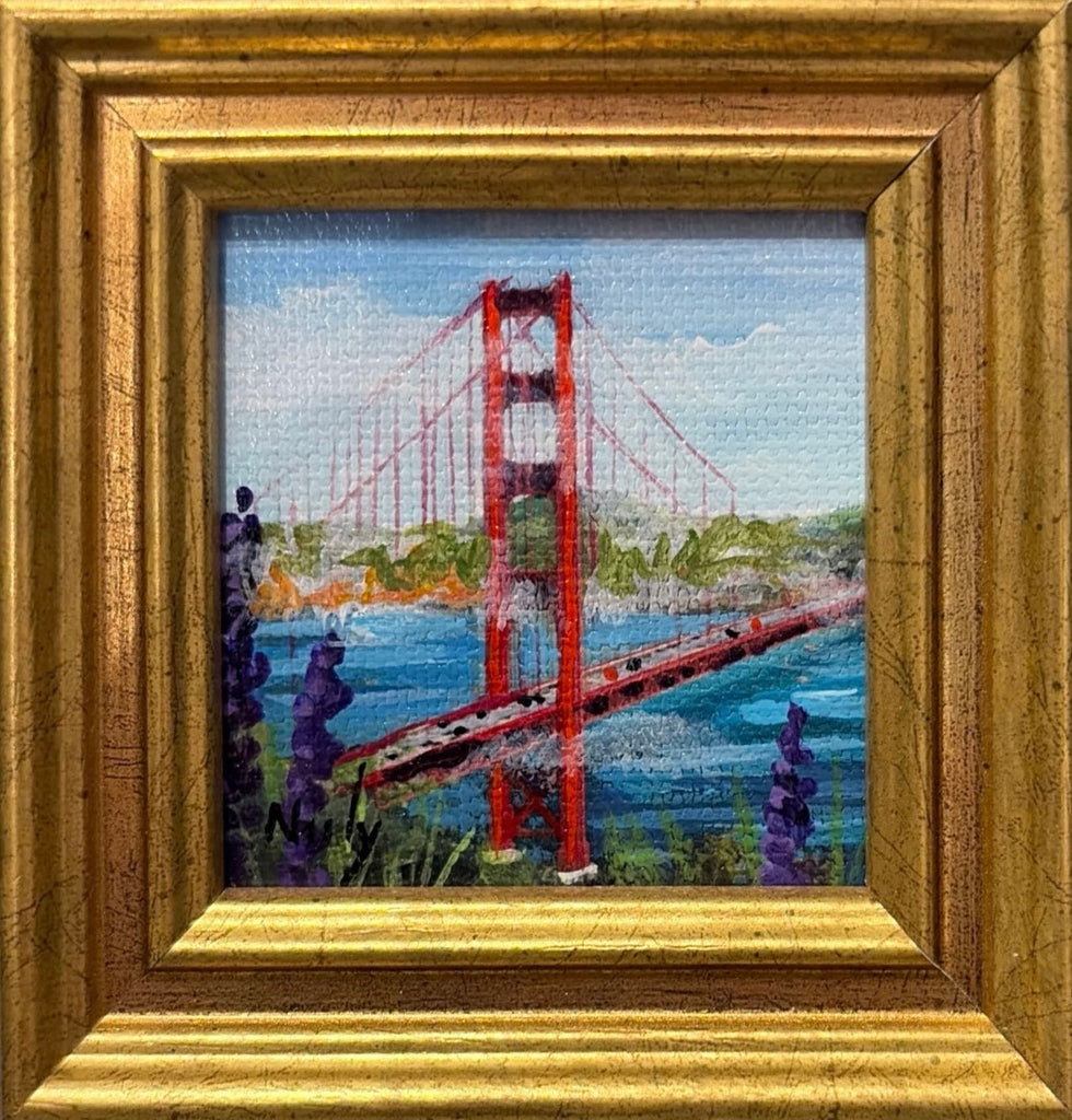 Golden Gate Bridge miniature original acrylic painting by Karen Neely, 2x2 inches, custom Italian framed San Francisco artwork