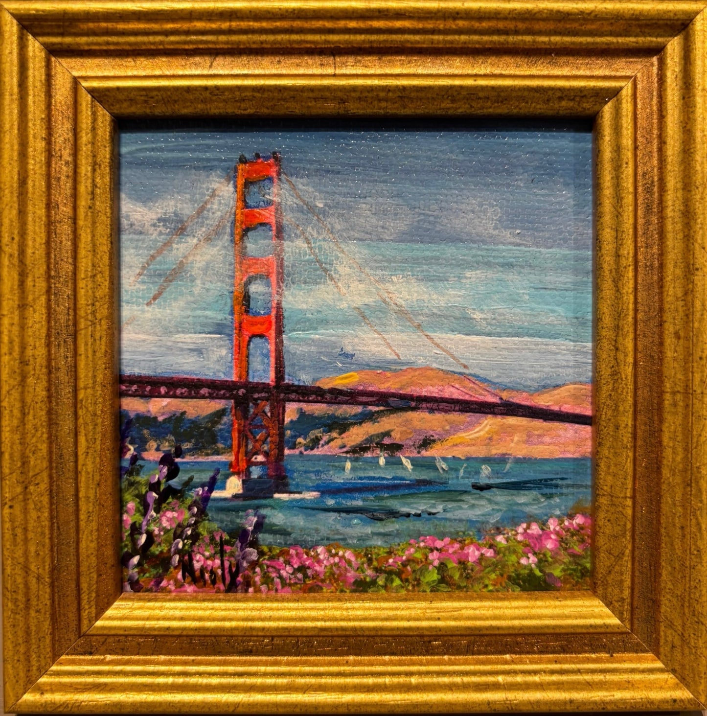 Golden Gate Bridge miniature original acrylic painting by Karen Neely, 3x3", featuring San Francisco Bay and pink florals, framed in gold Italian moulding (4x4" framed).
