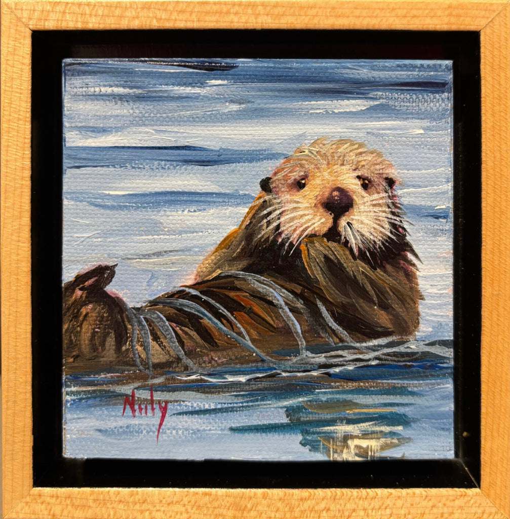 Otter miniature original acrylic painting by Karen Neely, 4x4" sea otter floating on blue water, framed in hand-rubbed maple wood float frame (5x5" framed).