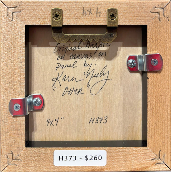 Otter miniature original acrylic painting by Karen Neely, 4x4" sea otter floating on blue water, framed in hand-rubbed maple wood float frame (5x5" framed).