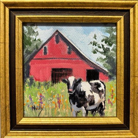 Barn + Cow miniature original acrylic painting by Karen Neely, 3x3" farm scene with red barn and black and white cow, framed in gold Italian moulding (4x4" framed).