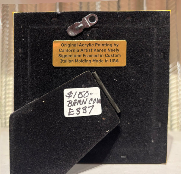 Barn + Cow miniature original acrylic painting by Karen Neely, 3x3" farm scene with red barn and black and white cow, framed in gold Italian moulding (4x4" framed).