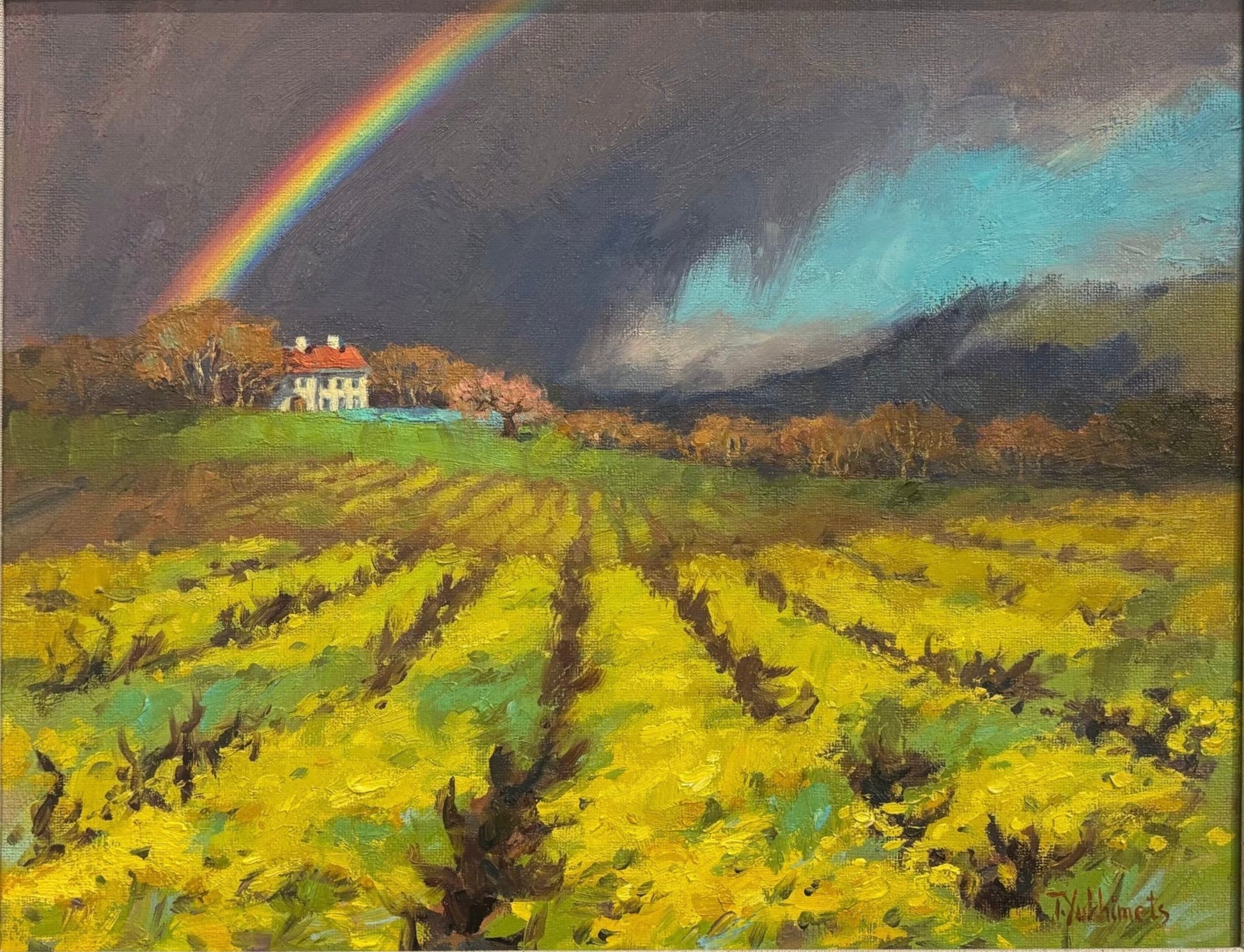 Rainbow Over Vineyards original oil painting by Tania Yukhimets featuring Napa Valley vineyard rows, rainbow, hillside home, and dramatic storm sky, framed in gold.