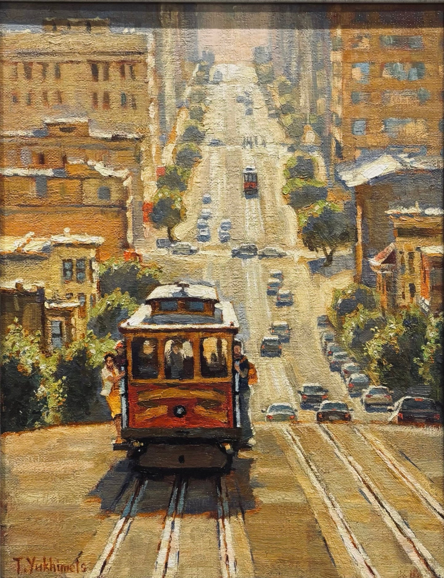 San Francisco California Street original oil painting by Tania Yukhimets featuring cable car, steep street, city buildings, and traffic, framed 20.5x17.5 inches.