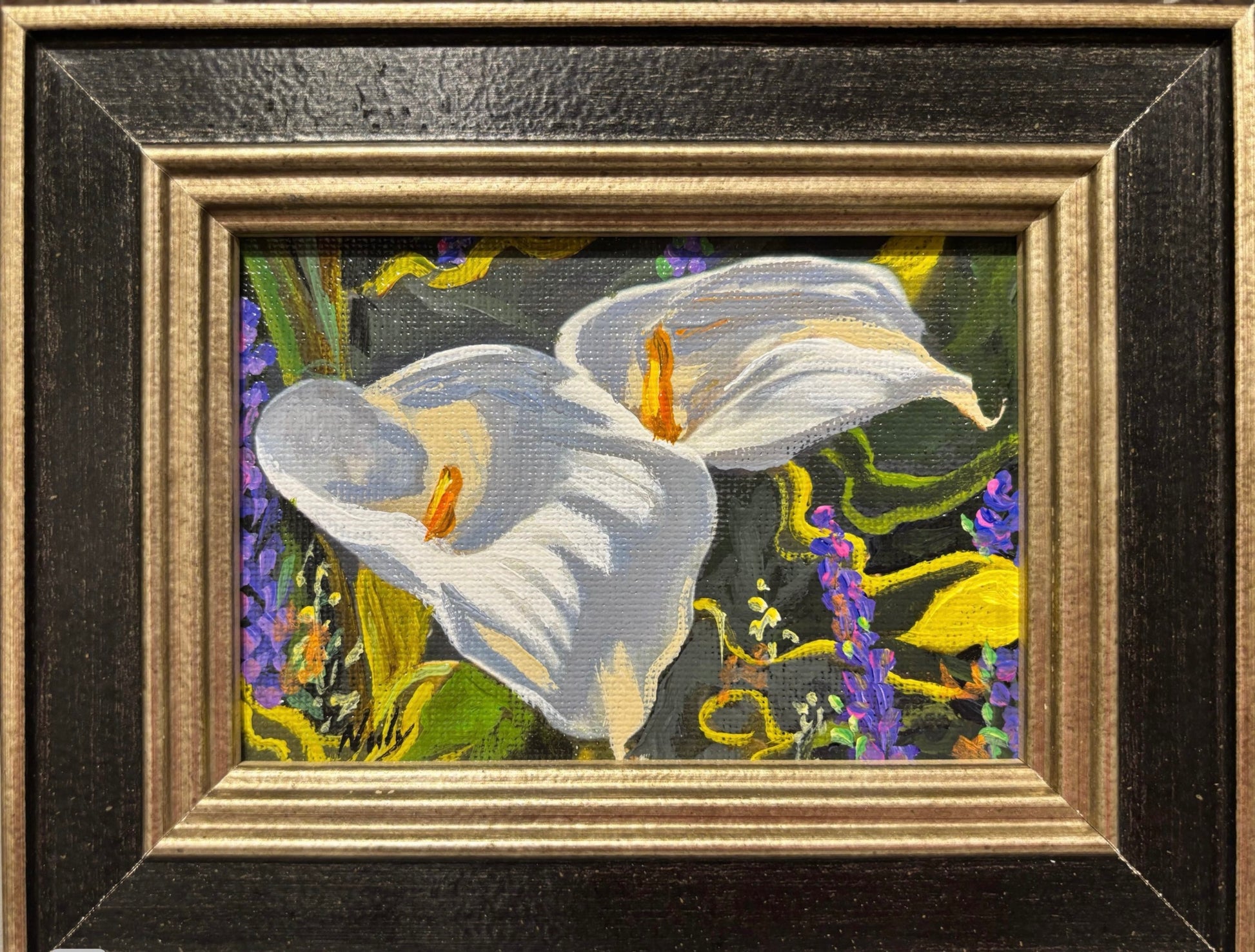 Lilies miniature original acrylic painting by Karen Neely, 3.5x5", featuring white calla lilies with purple flowers, framed in gold Italian moulding (4.5x6" framed).