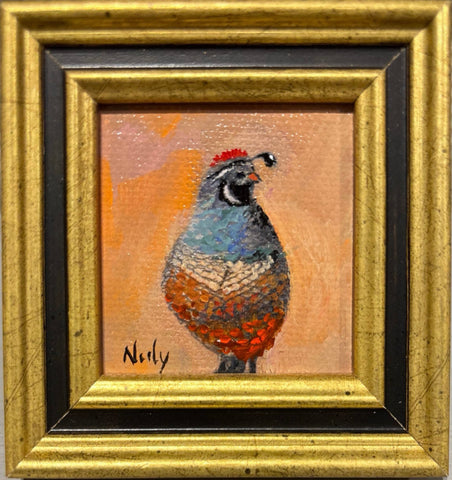 Quail miniature original acrylic painting by Karen Neely, 2x2", featuring a California quail bird, framed in gold Italian moulding (3x3" framed).