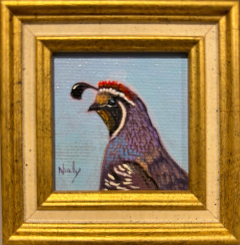 Quail miniature original acrylic painting by Karen Neely, 2x2", featuring a California quail portrait, framed in gold Italian moulding (3x3" framed).