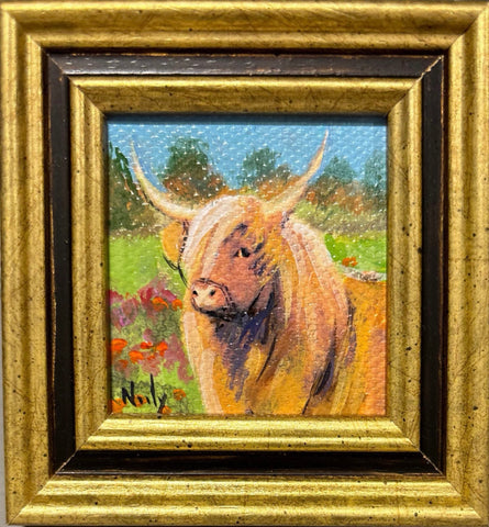 Highland Cow miniature original acrylic painting by Karen Neely, 2x2", featuring a Scottish Highland cow portrait, framed in gold Italian moulding (3x3" framed).