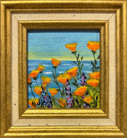 Poppies miniature original acrylic painting by Karen Neely, 2x2", featuring California poppies by the ocean, framed in gold Italian moulding (3x3" framed).