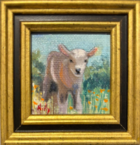 Baby Goat miniature original acrylic painting by Karen Neely, 2x2", featuring a young goat standing in a meadow with wildflowers, framed in gold Italian moulding (3x3" framed).