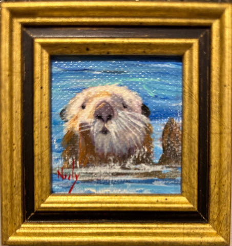 Otter miniature original acrylic painting by Karen Neely, 2x2", featuring a sea otter floating in ocean water, framed in gold Italian moulding (3x3" framed).