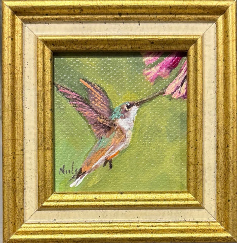 Hummingbird miniature original acrylic painting by Karen Neely, 2x2", featuring a hummingbird hovering near a flower, framed in gold Italian moulding (3x3" framed).
