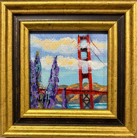 Golden Gate Bridge miniature original acrylic painting by Karen Neely, 2x2", featuring San Francisco’s Golden Gate Bridge with purple wildflowers in the foreground, framed in gold Italian moulding.