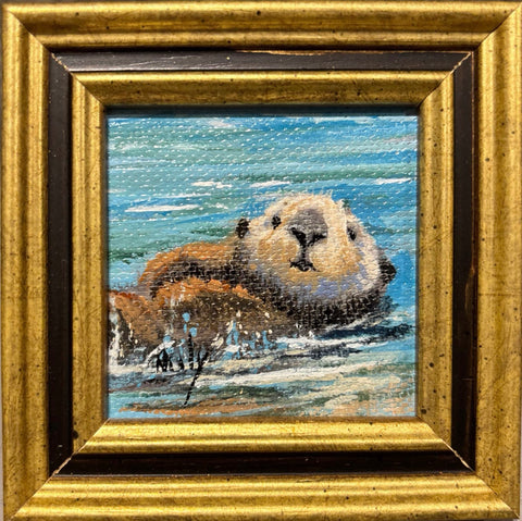 Otter miniature original acrylic painting by Karen Neely, 2.5x2.5", featuring a sea otter floating in ocean water, framed in gold Italian moulding (3.5x3.5" framed).