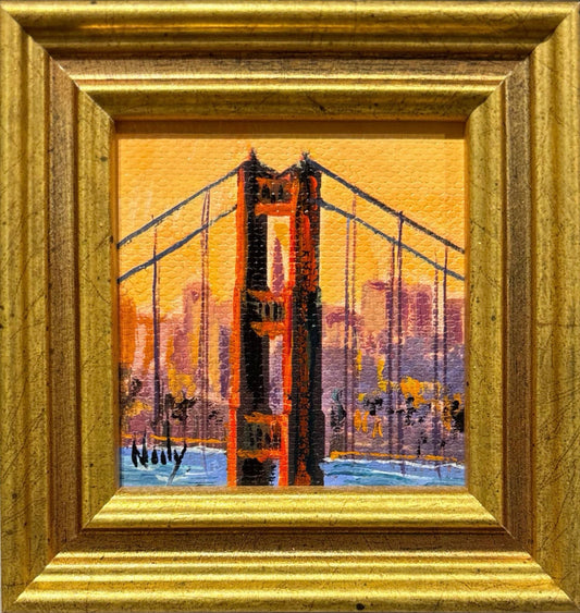 Golden Gate City Scape miniature original acrylic painting by Karen Neely featuring the Golden Gate Bridge and San Francisco skyline at sunset, framed in gold Italian moulding.