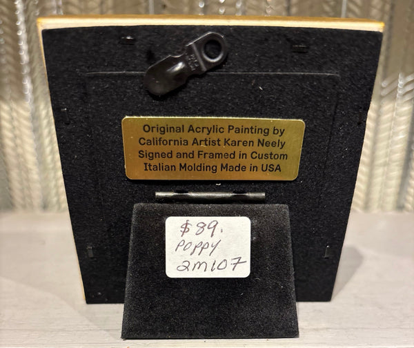 Poppy miniature original acrylic painting by Karen Neely featuring a bright orange poppy flower with a coastal ocean background, framed in gold Italian moulding.