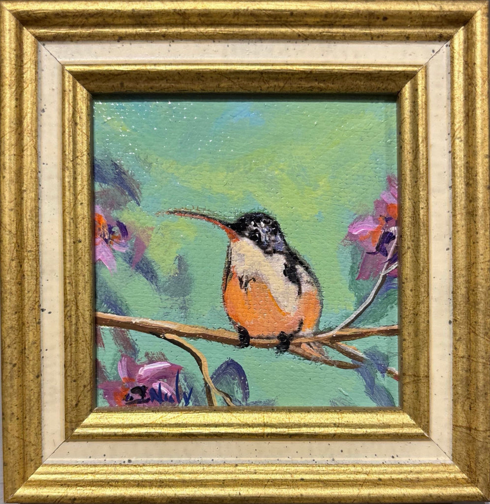 Hummingbird miniature original acrylic painting by Karen Neely featuring a hummingbird perched on a branch with pink flowers, framed in gold Italian moulding.