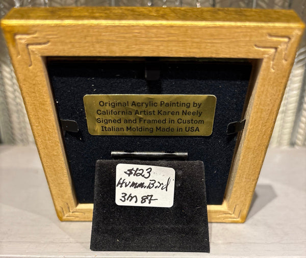 Hummingbird miniature original acrylic painting by Karen Neely featuring a hummingbird perched on a branch with pink flowers, framed in gold Italian moulding.