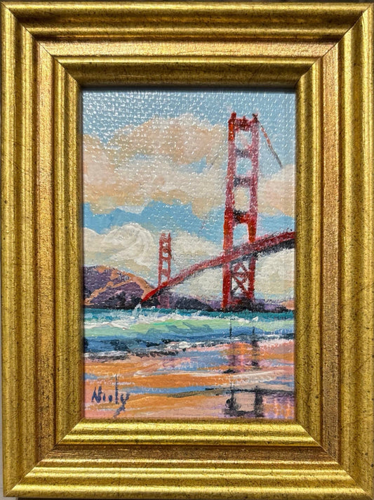 Golden Gate Bridge miniature original acrylic painting by Karen Neely featuring the San Francisco bridge and bay landscape, framed in gold Italian moulding.