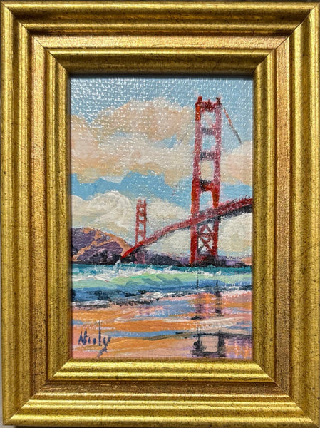 Golden Gate Bridge miniature original acrylic painting by Karen Neely featuring the San Francisco bridge and bay landscape, framed in gold Italian moulding.