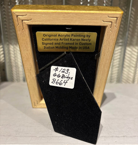 Golden Gate Bridge miniature original acrylic painting by Karen Neely featuring the San Francisco bridge and bay landscape, framed in gold Italian moulding.