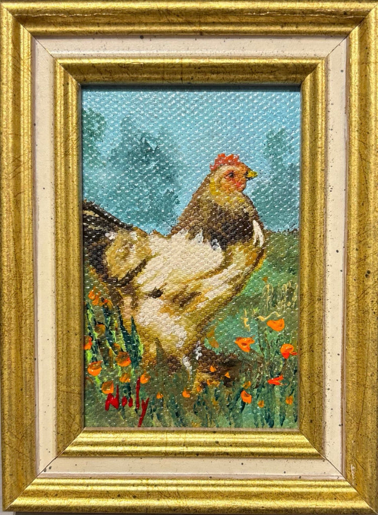 Chicken miniature original acrylic painting by Karen Neely featuring a farm hen standing in wildflowers, framed in gold Italian moulding.