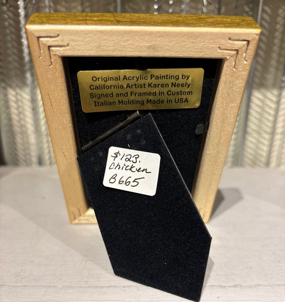 Chicken miniature original acrylic painting by Karen Neely featuring a farm hen standing in wildflowers, framed in gold Italian moulding.