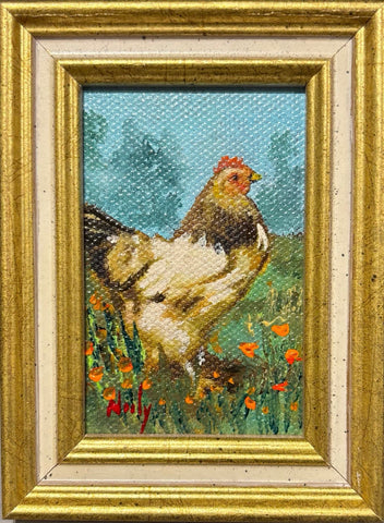 Chicken miniature original acrylic painting by Karen Neely featuring a farm hen standing in wildflowers, framed in gold Italian moulding.
