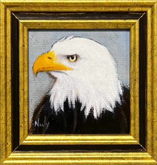 Eagle miniature original acrylic painting by Karen Neely, framed in custom Italian molding, close-up bird portrait, 3.5x3.5 inches overall