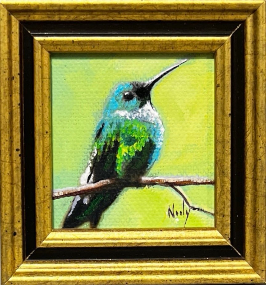 Hummingbird miniature original acrylic painting by Karen Neely, framed in custom Italian molding, green background, 3x3 inches overall